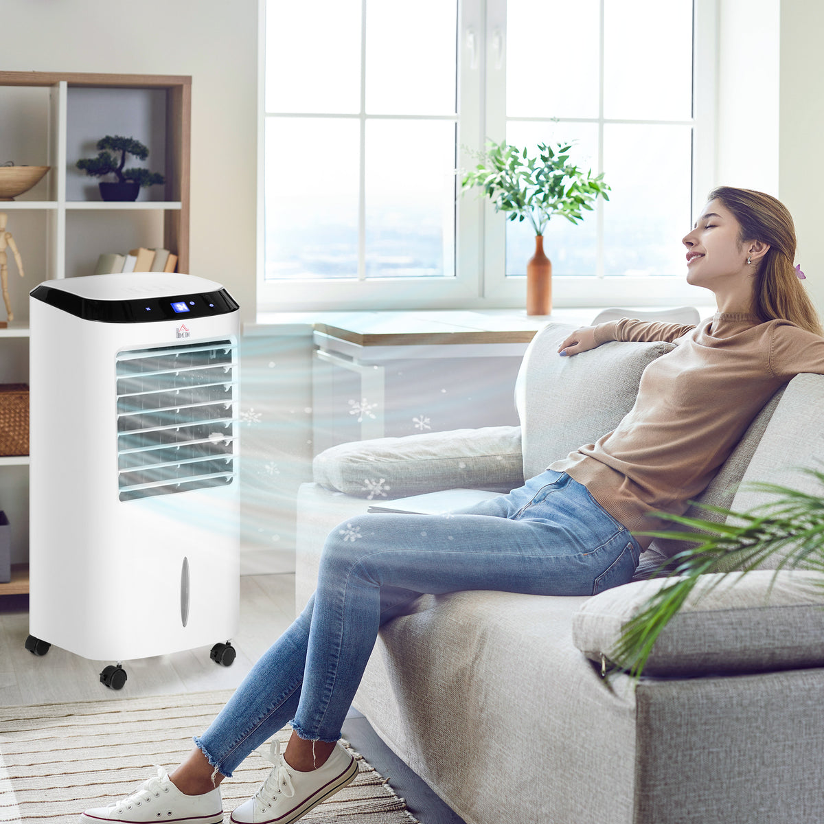 HOMCOM 10L 4 in 1 Mobile Klimaanlage mit Luftbefeuchtung Wasserkühlung Klimagerät Luftkühler 8h Timer Fernbedienung Nutzungsraum 20㎡ 60W ABS Weiß+Schwarz 38,2 x 31,6 x 76 cm