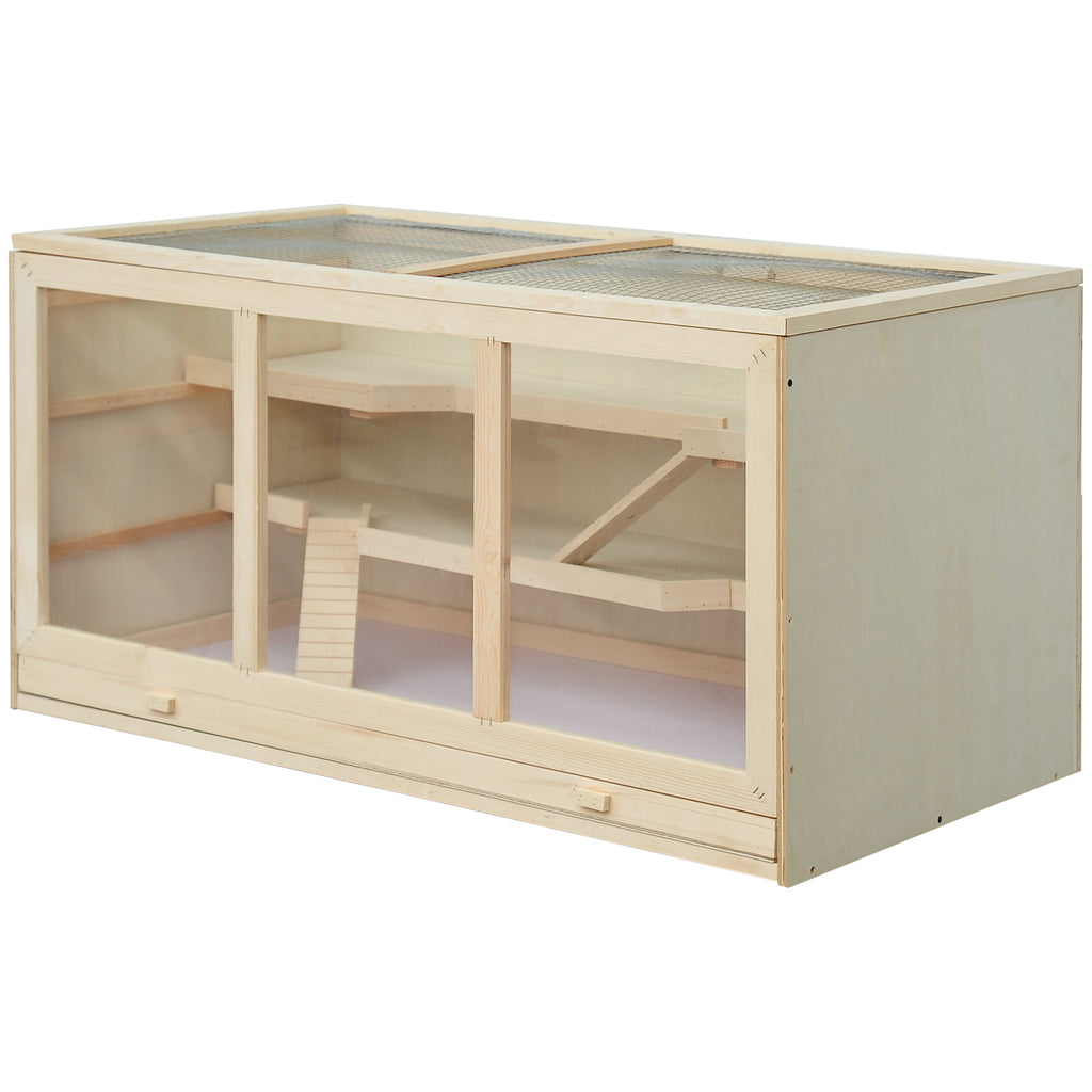 PawHut Hamsterkäfig aus Holz 3 Etagen Nagerkäfig mit reinigbar Ablage Kleintierkäfig mit klappbarem Deckel Treppen Holzkäfig Käfig für Hamster Zwerghamster 115 x 57 x 55 cm Naturholz