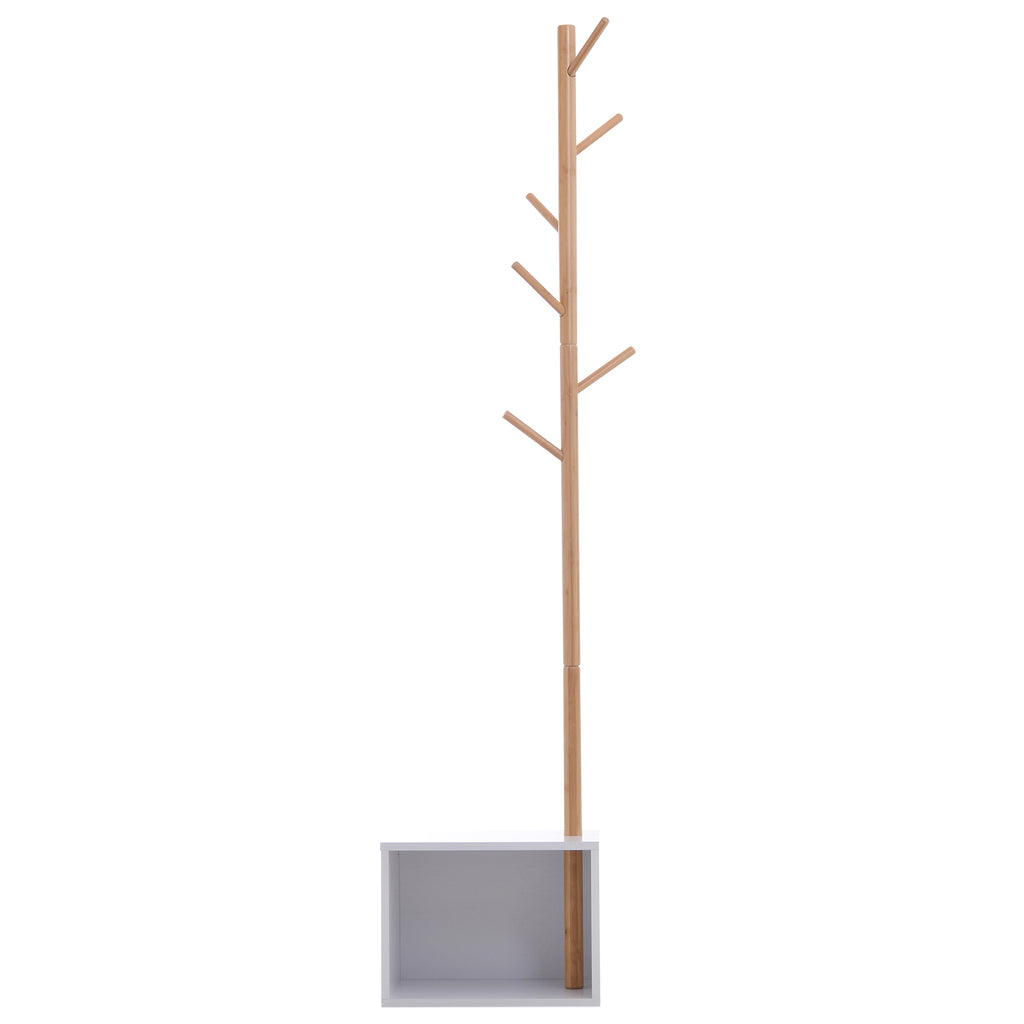 HOMCOM Garderobenständer Kleiderhaken Garderobe mit Sitzbank Stauraum Baum-Design Zweige 6 Haken Bambus Weiß Natur 40 x 30 x 180 cm