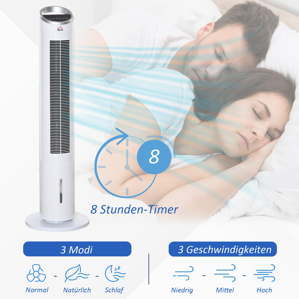 HOMCOM Turmventilator mit Wasserkühlung und Fernbedienung 60W 20㎡ 30 cm x 30 cm x 100,8 cm 3 Modi Weiß