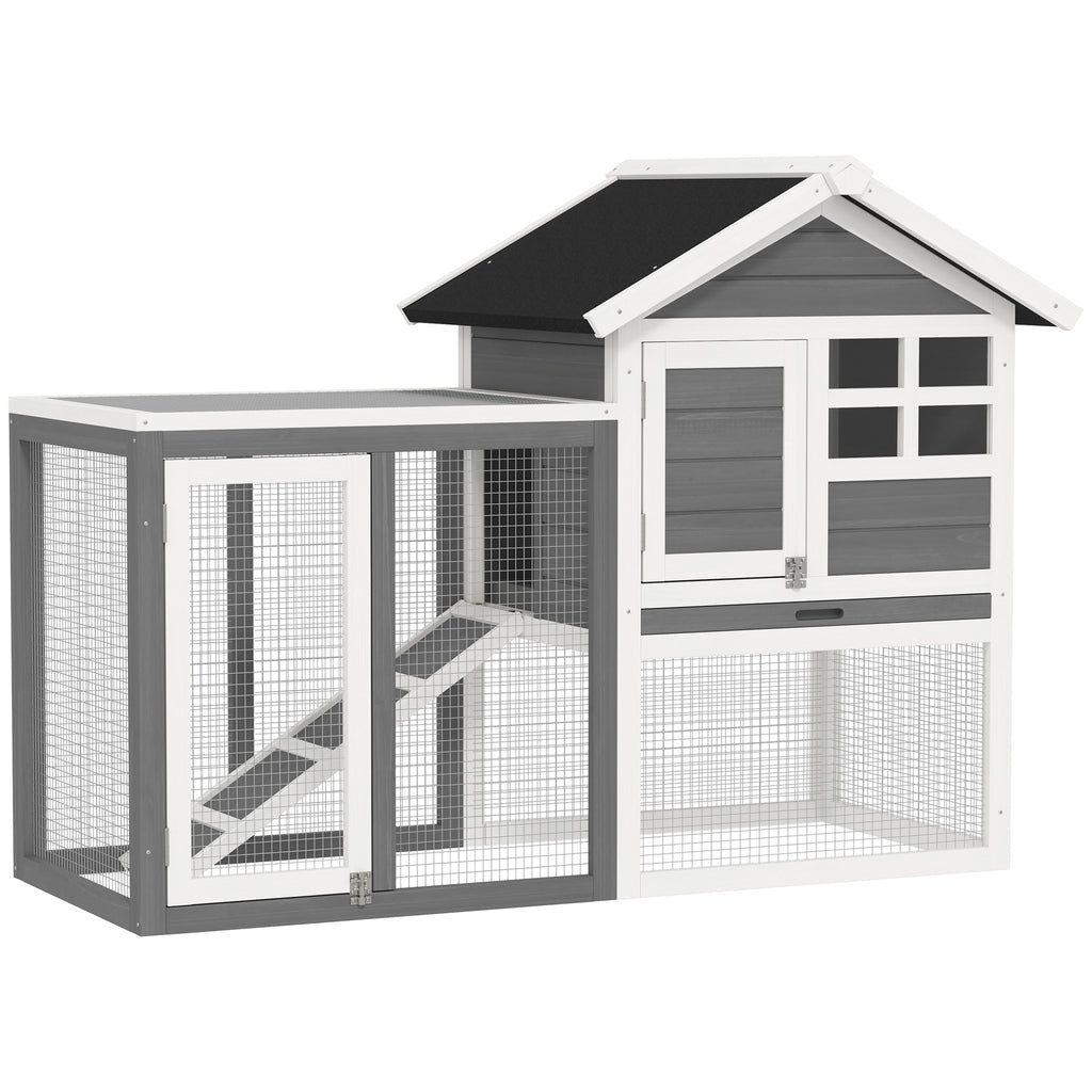 PawHut Kaninchenstall Tannenholz Outdoor Indoor Kleintierstall Kleintierhaus Kleintierkäfig Herausnehmbare Bodenwanne und Rampe Grau+Schwarz+Weiß 122 x 62,6 x 92 cm