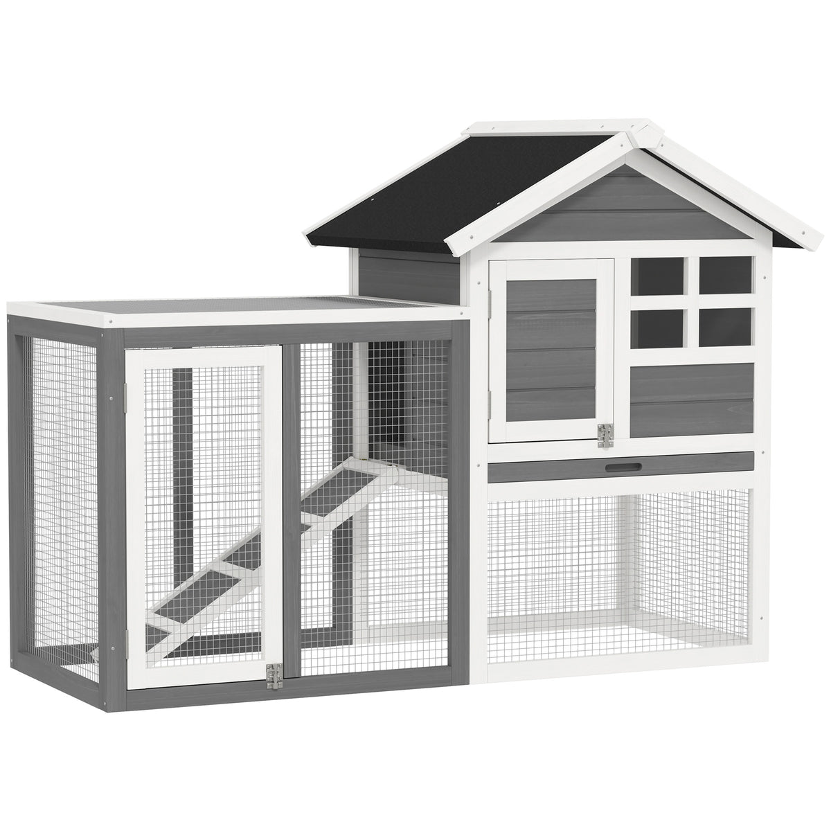 PawHut Kaninchenstall Tannenholz Outdoor Indoor Kleintierstall Kleintierhaus Kleintierkäfig Herausnehmbare Bodenwanne und Rampe Grau+Schwarz+Weiß 122 x 62,6 x 92 cm
