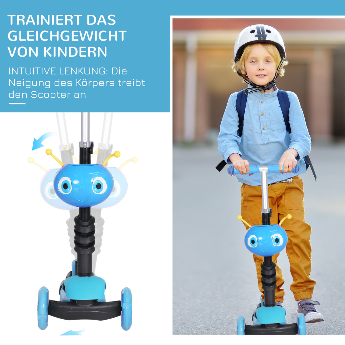 HOMCOM 5-in-1 Kinderroller Scooter Tretroller Cityroller Kinder Roller Kickboard Lenker Teleskoprohr höhenverstellbar Blau 62 x 25 x 72,5 cm