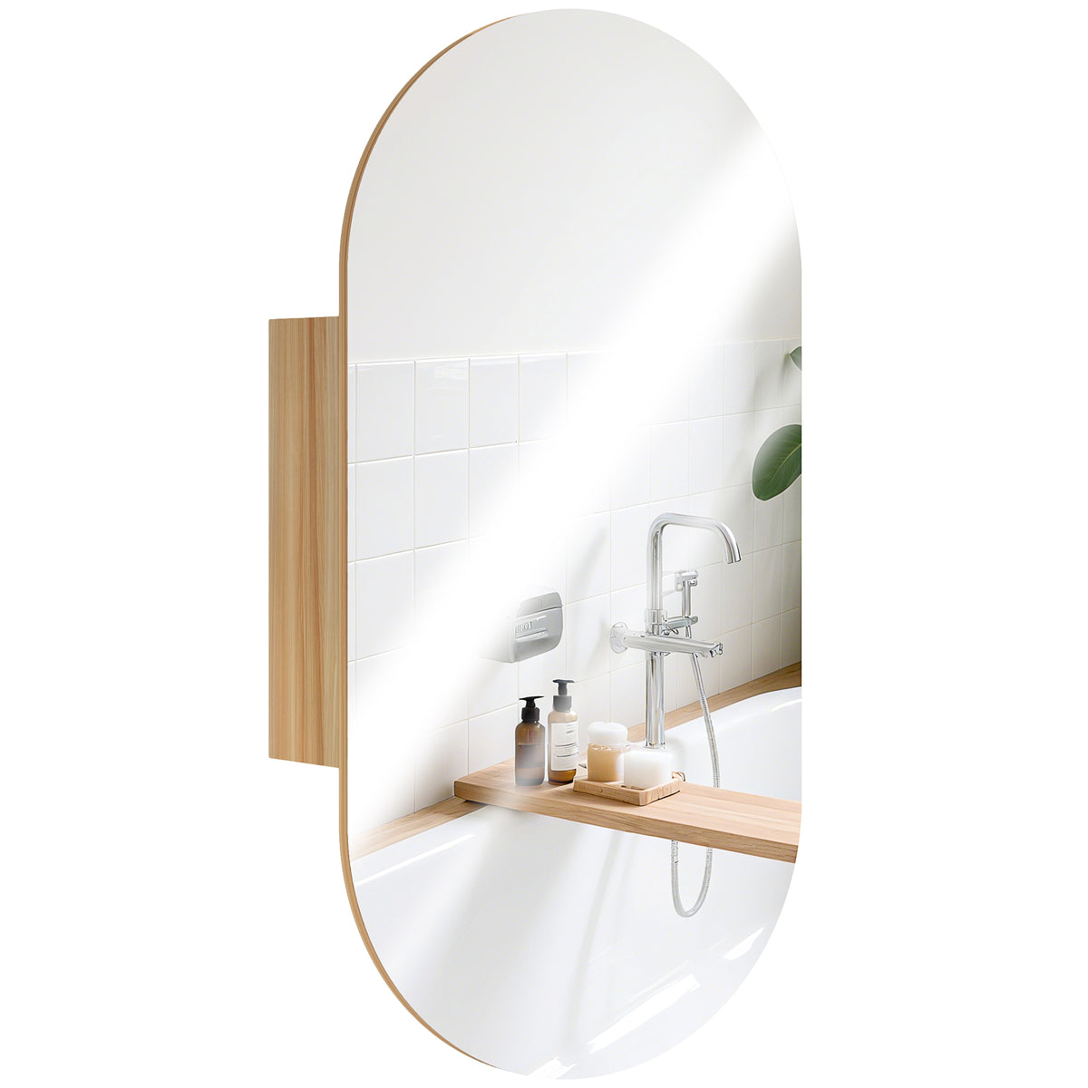 HOMCOM Wandspiegelschrank Badezimmer mit ovalem Spiegel 45 x 90 cm modern rahmenlos Naturholz