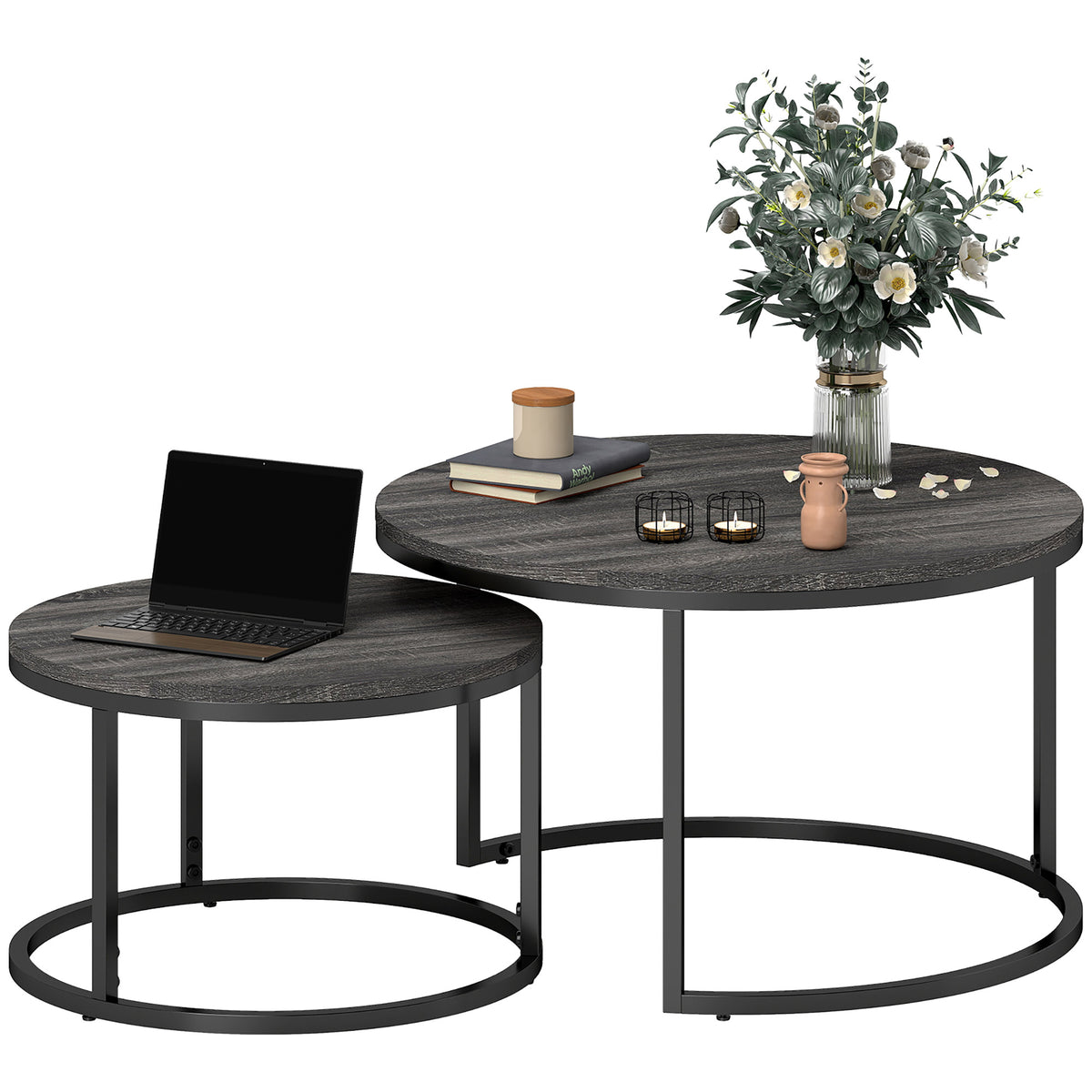 HOMCOM Couchtisch 2er-Set, Beistelltisch mit Metallgestell, Sofatisch, stapelbar, Kaffeetisch, Wohnzimmer, Schlafzimmer, Schwarz