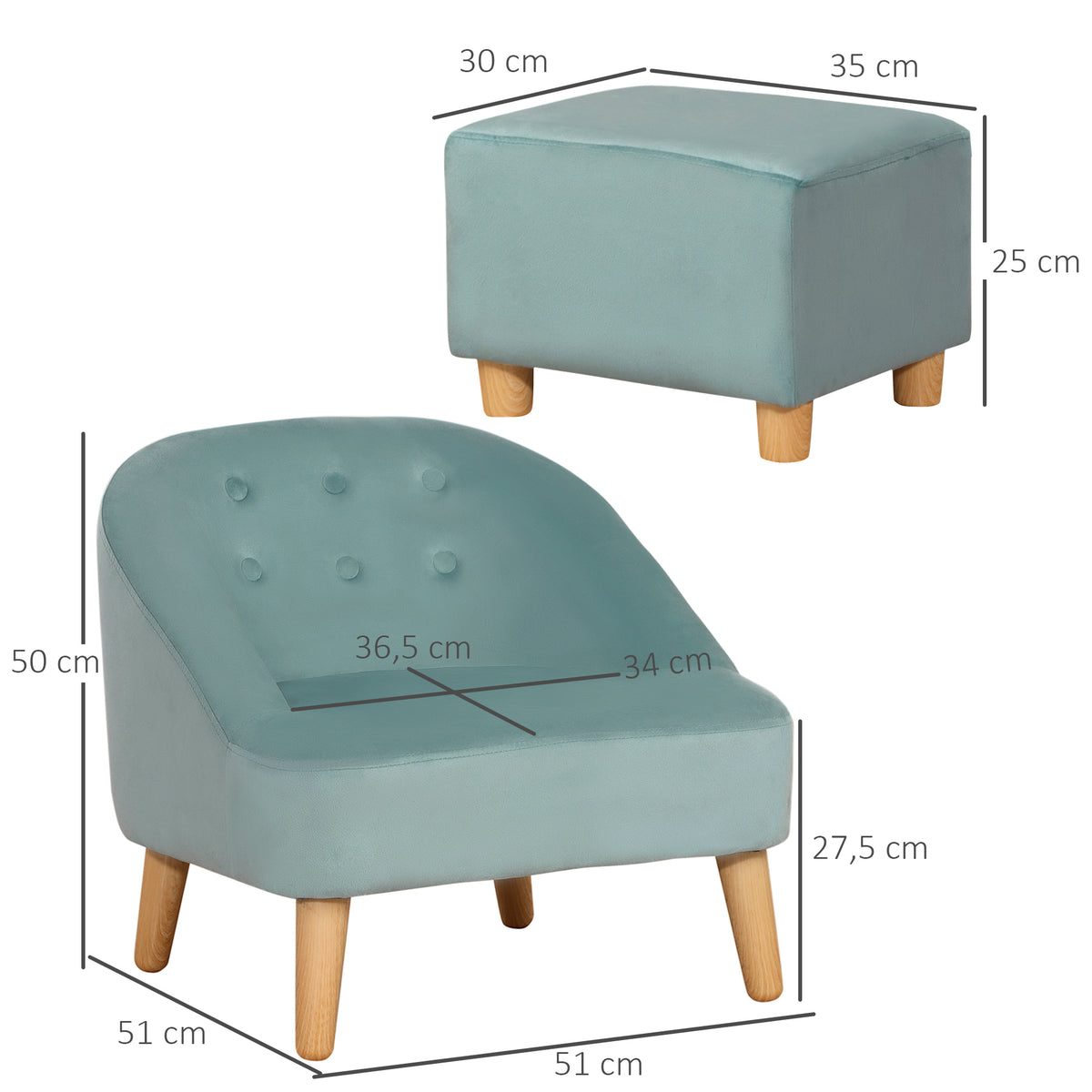 HOMCOM Kindersessel mit Ottomane für Kinder von 3 bis 5 Jahren Niedliches Design Samtoptik 51 cm x 51 cm x 50 cm Grün