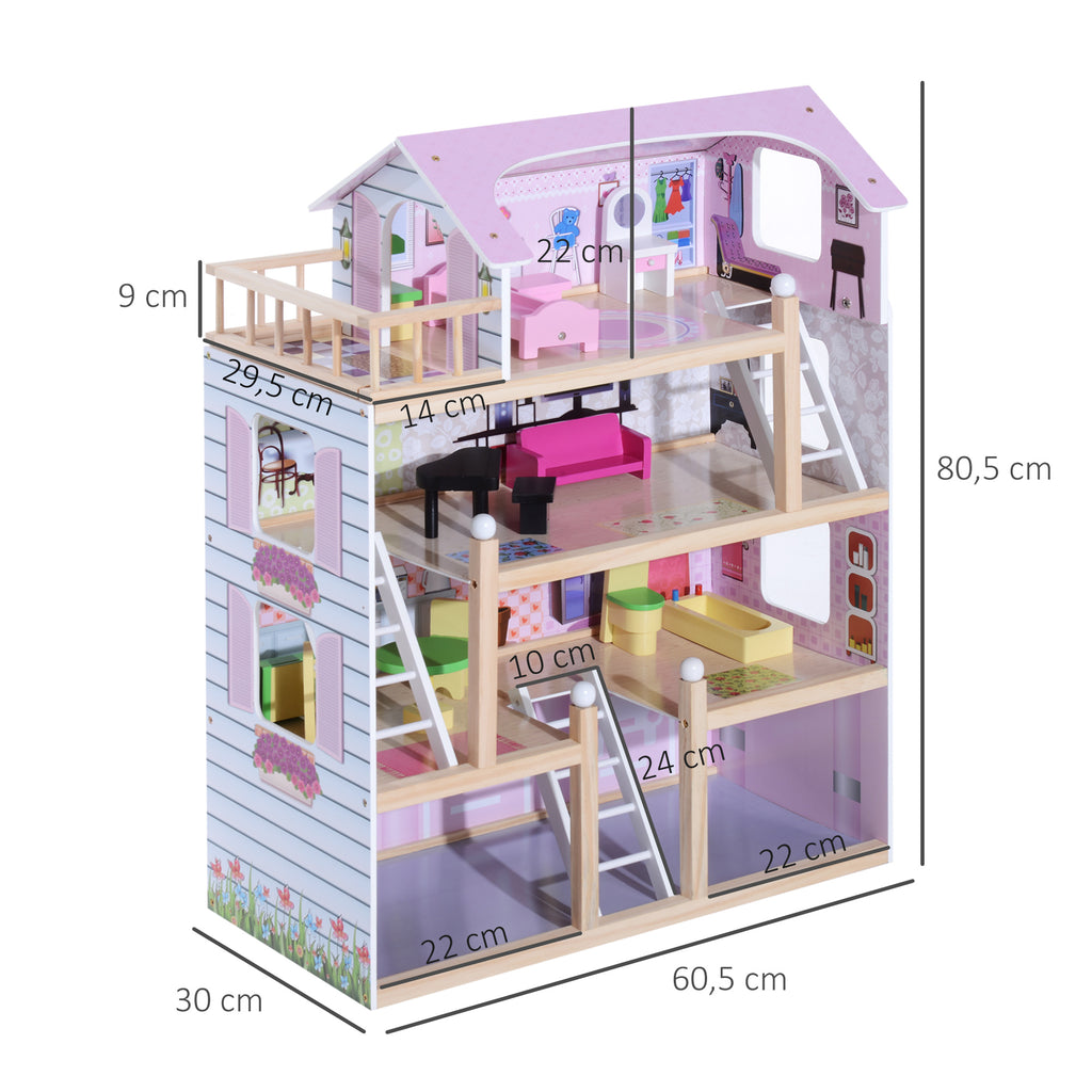 HOMCOM Puppenhaus aus Holz Puppenvilla für Kinder ab 3 Jahren Puppenstube Dollhouse 4 Etagen mit Möbel und Zubehör Spielzeug 60 x 30 x 80 cm