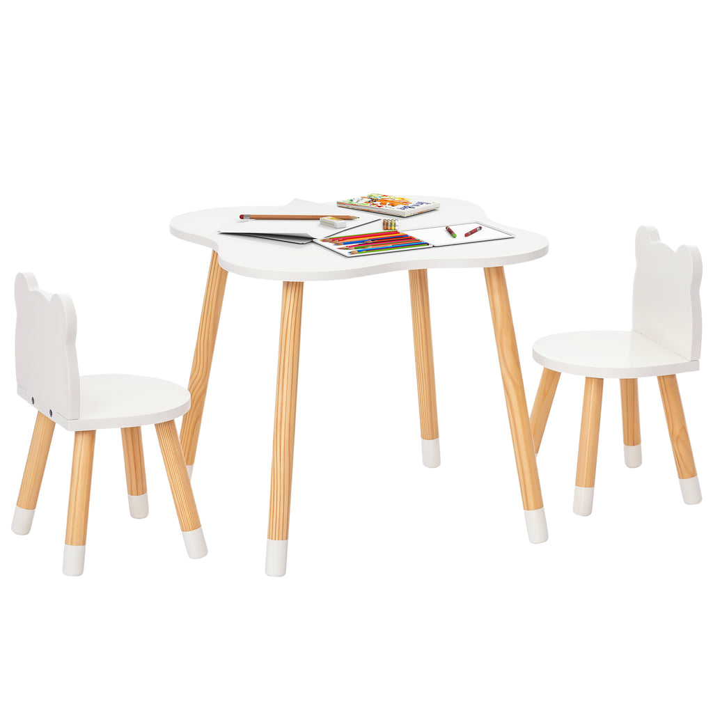 HOMCOM 3-teiliges Kindertisch-Set bogenförmige Kindersitzgruppe Tisch mit 2 Stühlen MDF Tischbeine aus Kiefernholz Weiß+Naturholz 56 x 56 x 50 cm