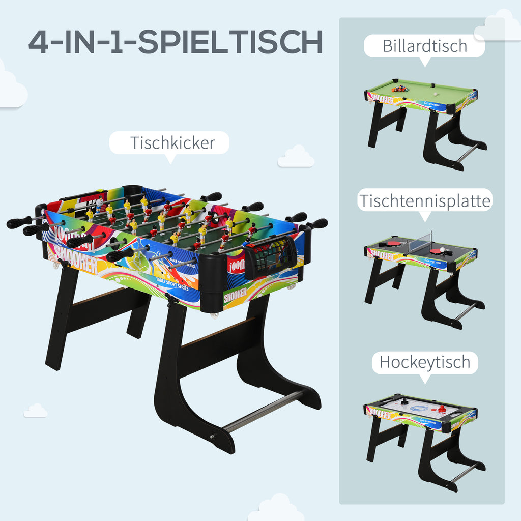 HOMCOM Tischspiel 4 in1 Tischbillard, Tischfußball, Tischtennis, Hockey, Kickertisch, Multigame, Zusammenklappbar, MDF