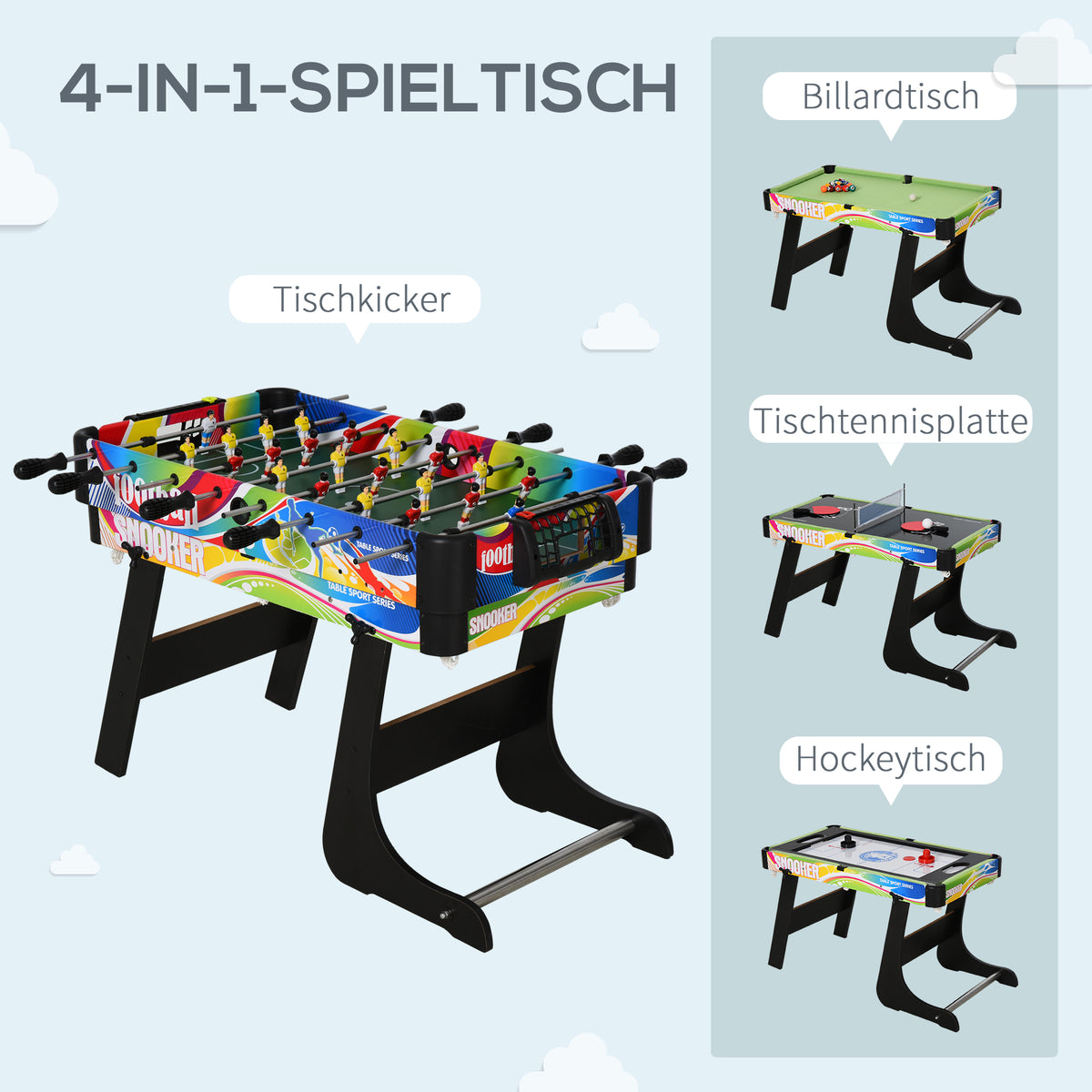 HOMCOM Tischspiel 4 in1 Tischbillard, Tischfußball, Tischtennis, Hockey, Kickertisch, Multigame, Zusammenklappbar, MDF