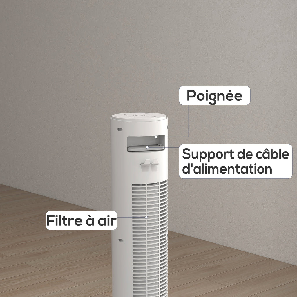 HOMCOM Turmventilator mit Fernbedienung, 12-Stunden-Timer, Schlafmodus, 3 Geschwindigkeiten, 31,5 x 31,5 x 96 cm Weiß