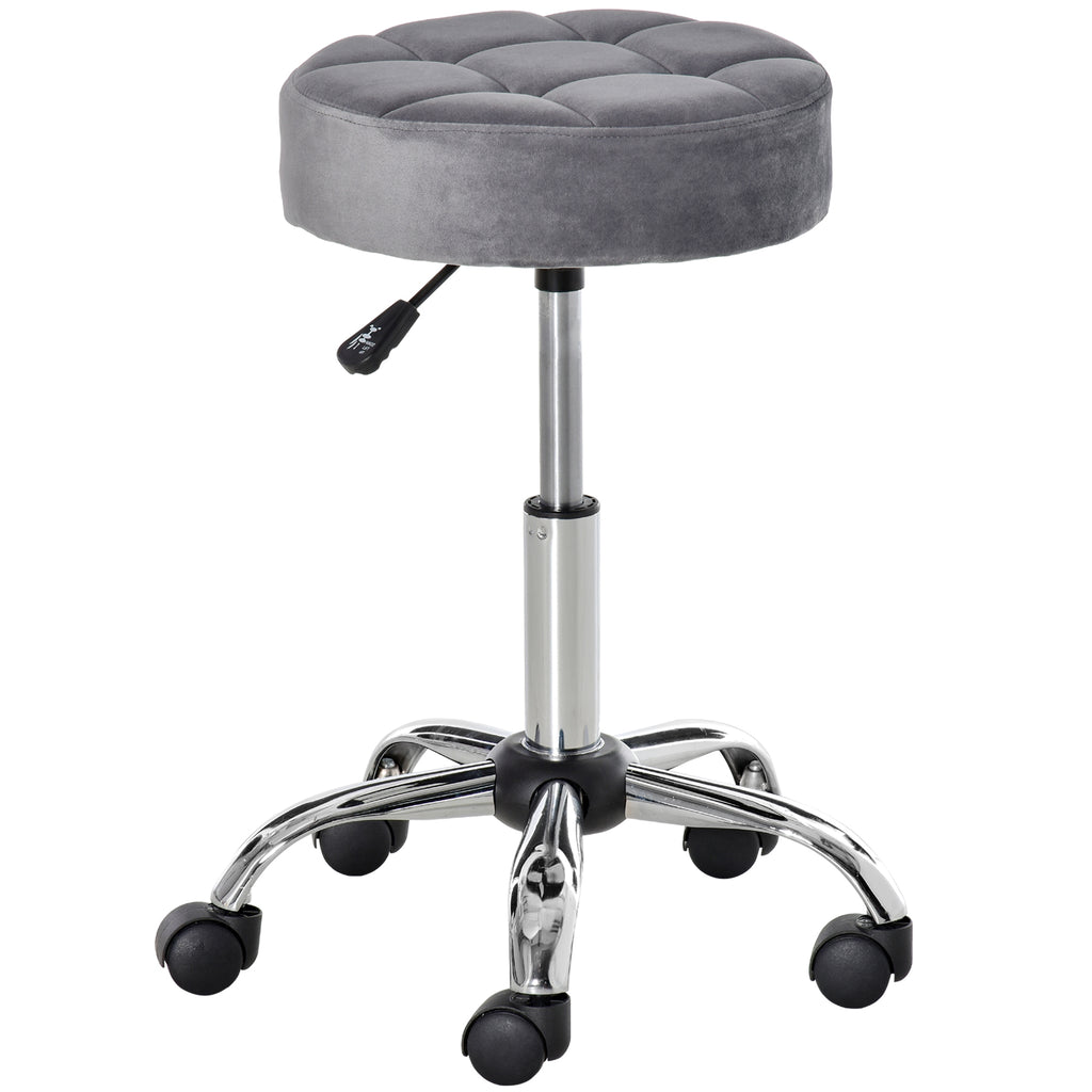 HOMCOM Salonstuhl mit Rädern Rollhocker höhenverstellbar drehbar Salon Hocker Samt-Touch Schaumstoff Chrom-Basis Hellgrau 35 x 35 x 49-61 cm