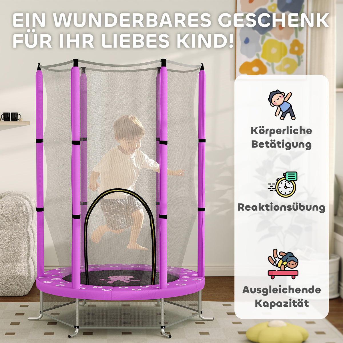 AIYAPLAY Kindertrampolin mit Sicherheitsnetz, für den Innen- und Außenbereich, 3-6 Jahre, Violett