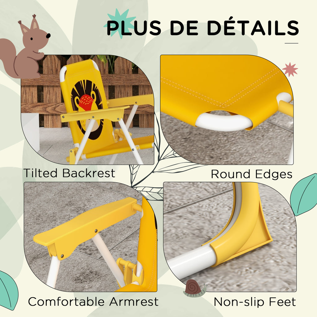 Outsunny Gartenmöbelset für Kinder, 4-teilig, Löwenmotiv mit verstellbarem Sonnenschirm Ø 100 cm, klappbarer Stuhl, Gelb