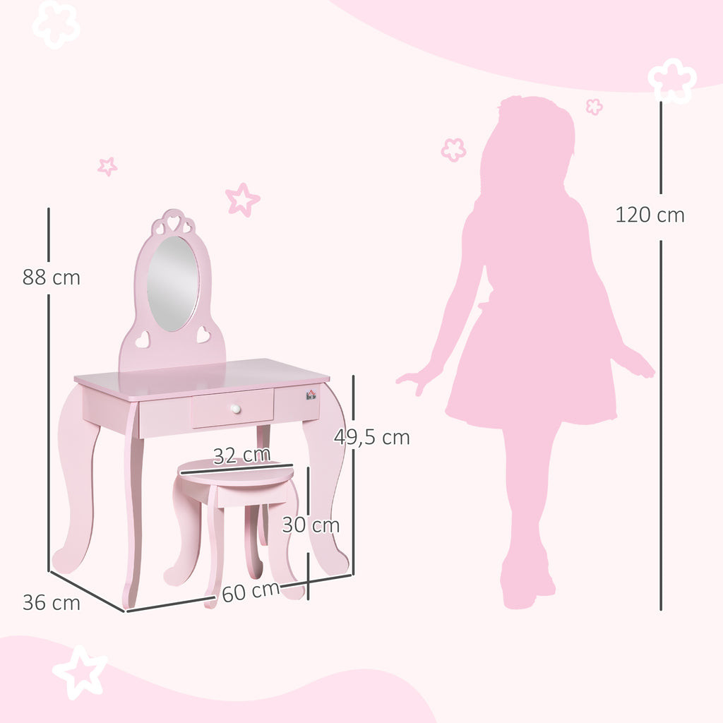 HOMCOM Kinder-Frisierkommode Mädchenhaftes Design mit Herzchenmotiven - Inkl. Hocker - Maße 60L x 36B x 88H cm - Schublade, Spiegel - MDF - Rosa