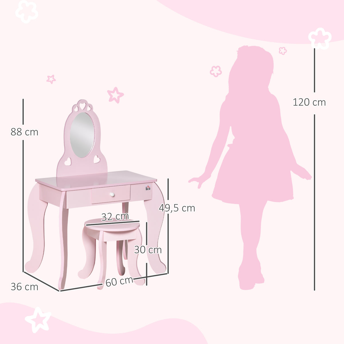 HOMCOM Kinder-Frisierkommode Mädchenhaftes Design mit Herzchenmotiven - Inkl. Hocker - Maße 60L x 36B x 88H cm - Schublade, Spiegel - MDF - Rosa