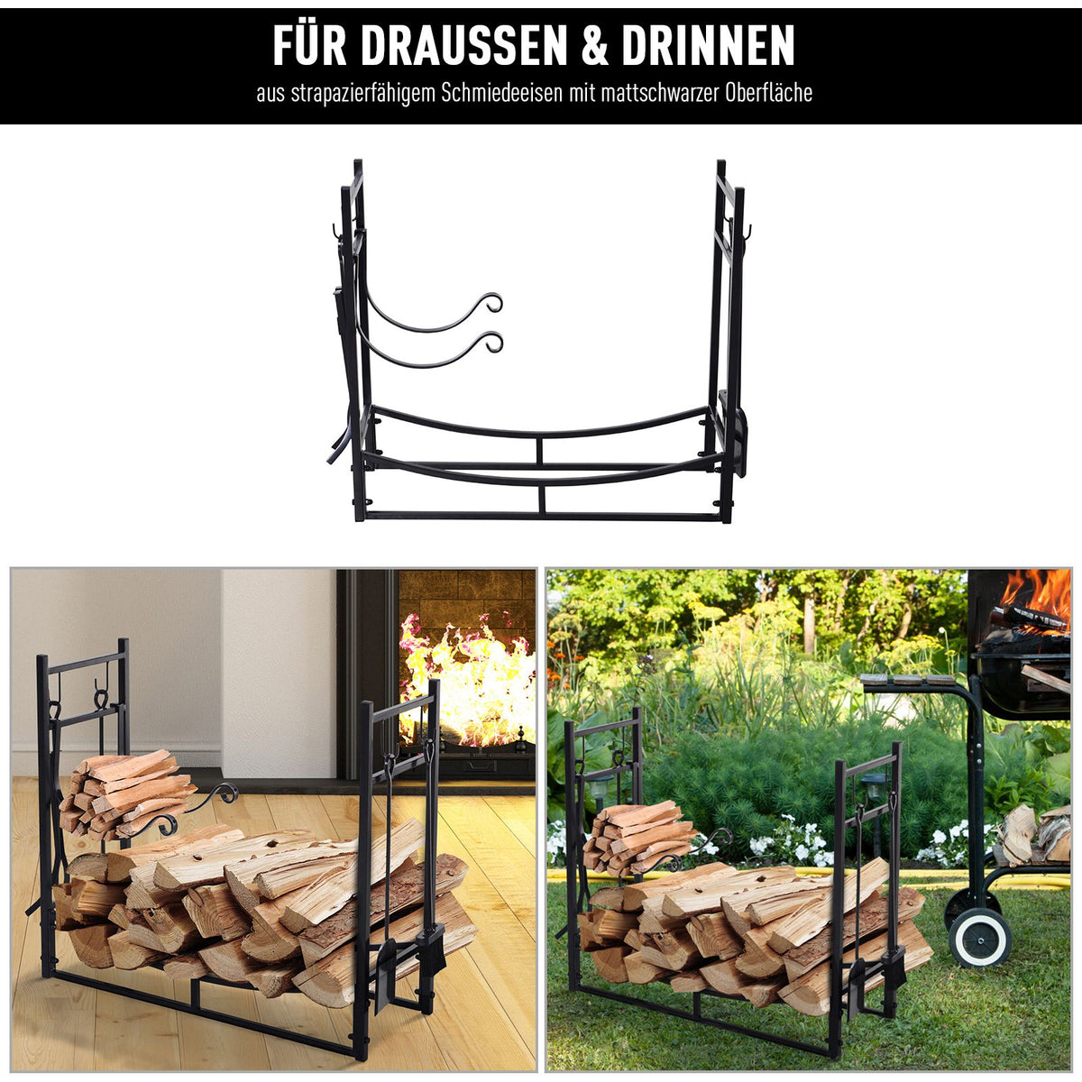 Outsunny Kaminholzregal Holzständer Holzablage mit 4 Haken 2 Schichten Metall Schwarz 84 x 33 x 76 cm