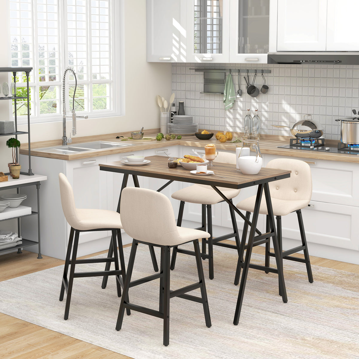 HOMCOM Bargarnitur 5-teilig, Tisch und 4 Stühle, Knopfheftung, dicke Polsterung, Leinenoptik, Beige
