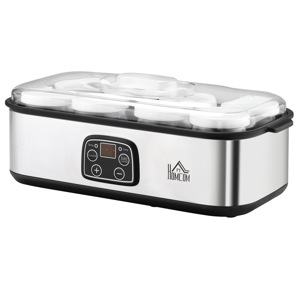 HOMCOM Joghurtbereiter 25W Joghurtmaschine mit LCD-Display 8 Joghurtgläser mit Deckel aus Glas 180ml einstellbare Temperatur und Zeit PC PP-Kunststoff Edelstahl Glas Silber 36 x 18,8 x 14 cm