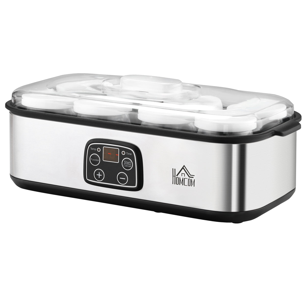 HOMCOM Joghurtbereiter 25W Joghurtmaschine mit LCD-Display 8 Joghurtgläser mit Deckel aus Glas 180ml einstellbare Temperatur und Zeit PC PP-Kunststoff Edelstahl Glas Silber 36 x 18,8 x 14 cm