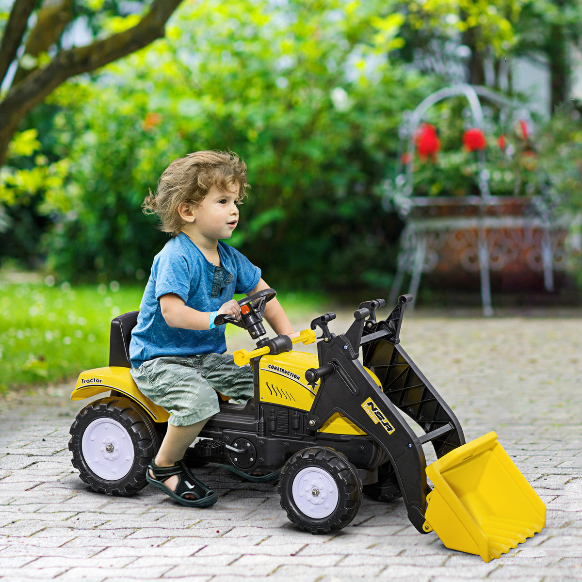 HOMCOM Kinder-Radlader, bewegliche Schaufel, Hupe, Pedalantrieb, ab 3 Jahren, Metallrahmen, gelb, 114 x 41 x 52 cm