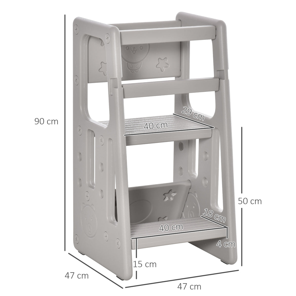 HOMCOM Lernturm für Kinder, 3-stufig höhenverstellbar, rutschfeste Füße, robuster Kunststoff, grau, 47 x 47 x 90cm