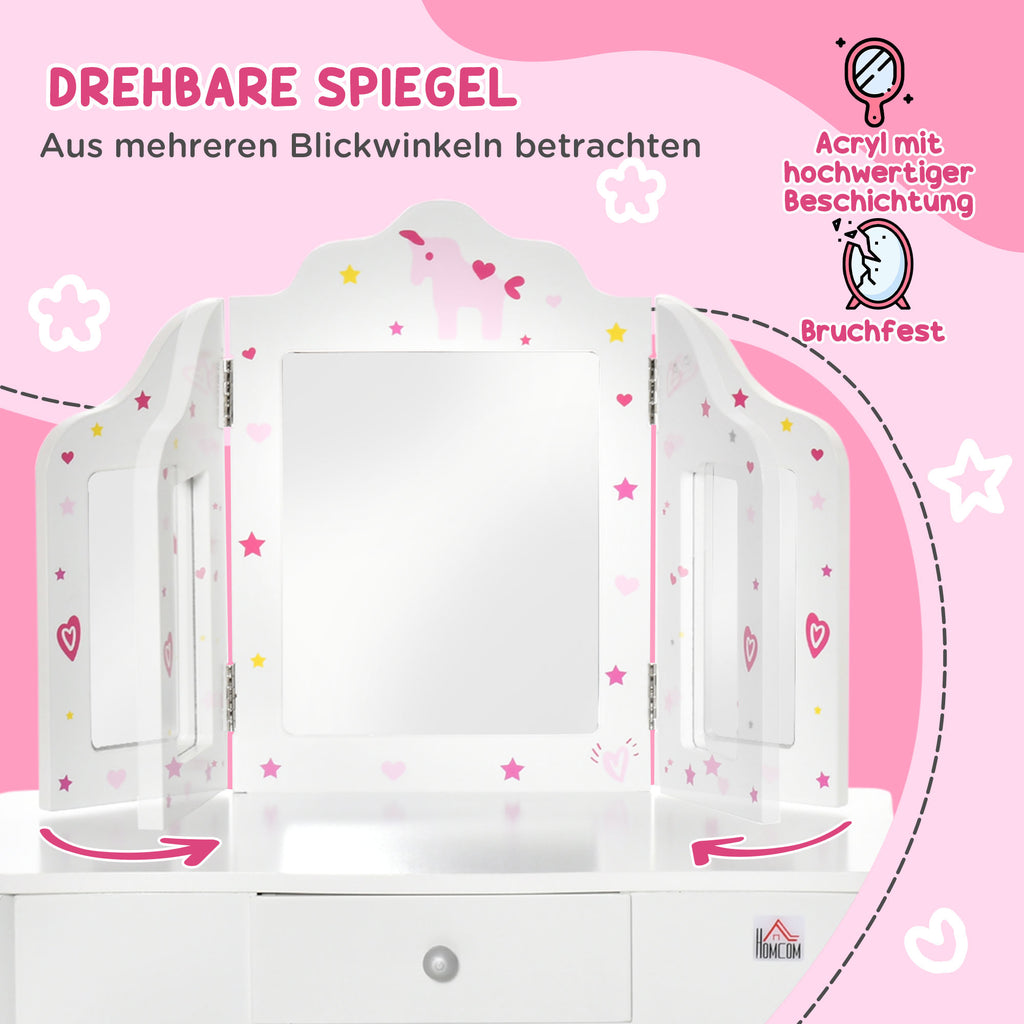 HOMCOM Kinderschminktisch mit Hocker Frisiertisch Frisierkommode mit Schublade Spiegel für Mädchen Akryl Rosa+Weiß 63 x 40 x 85,5 cm
