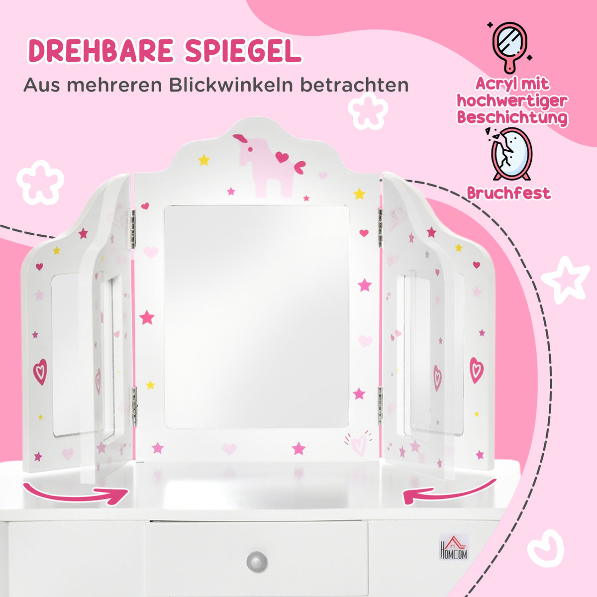 HOMCOM Kinderschminktisch mit Hocker Frisiertisch Frisierkommode mit Schublade Spiegel für Mädchen Akryl Rosa+Weiß 63 x 40 x 85,5 cm