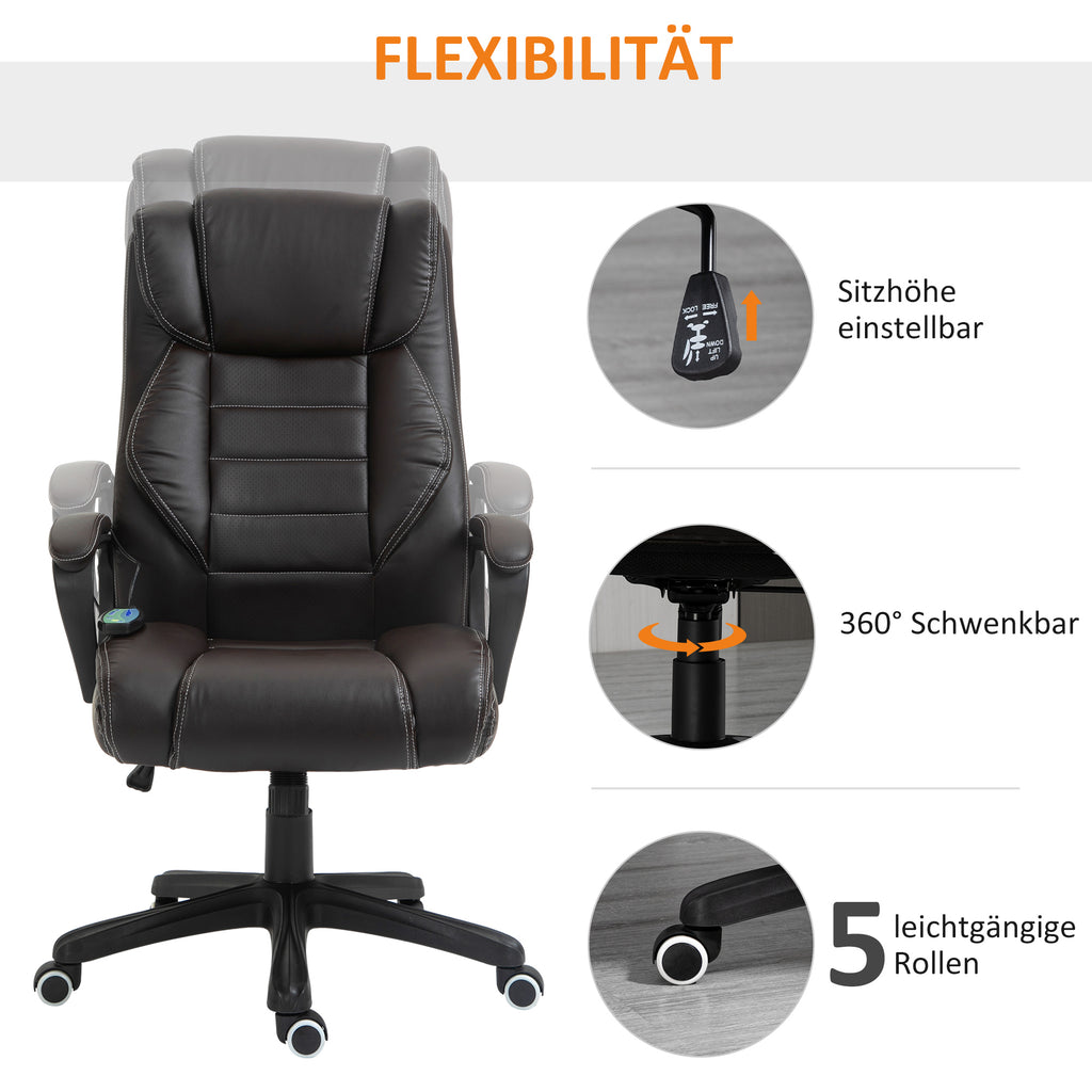 Vinsetto Bürostuhl mit Massagefunktion, höhenverstellbarer Chefsessel, ergonomischer Drehstuhl, 6 Vibrationspunkte, Braun