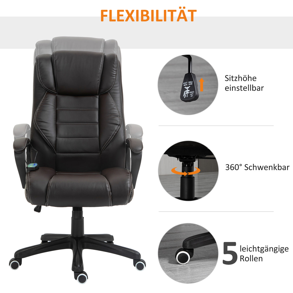 Vinsetto Bürostuhl mit Massagefunktion, höhenverstellbarer Chefsessel, ergonomischer Drehstuhl, 6 Vibrationspunkte, Braun