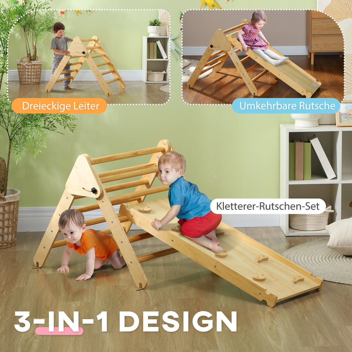 AIYAPLAY Kinder-Kletterset aus Holz mit Dreiecks-Leiter und zweiseitiger Rampe, für Kinder im Alter von 18-48 Monaten