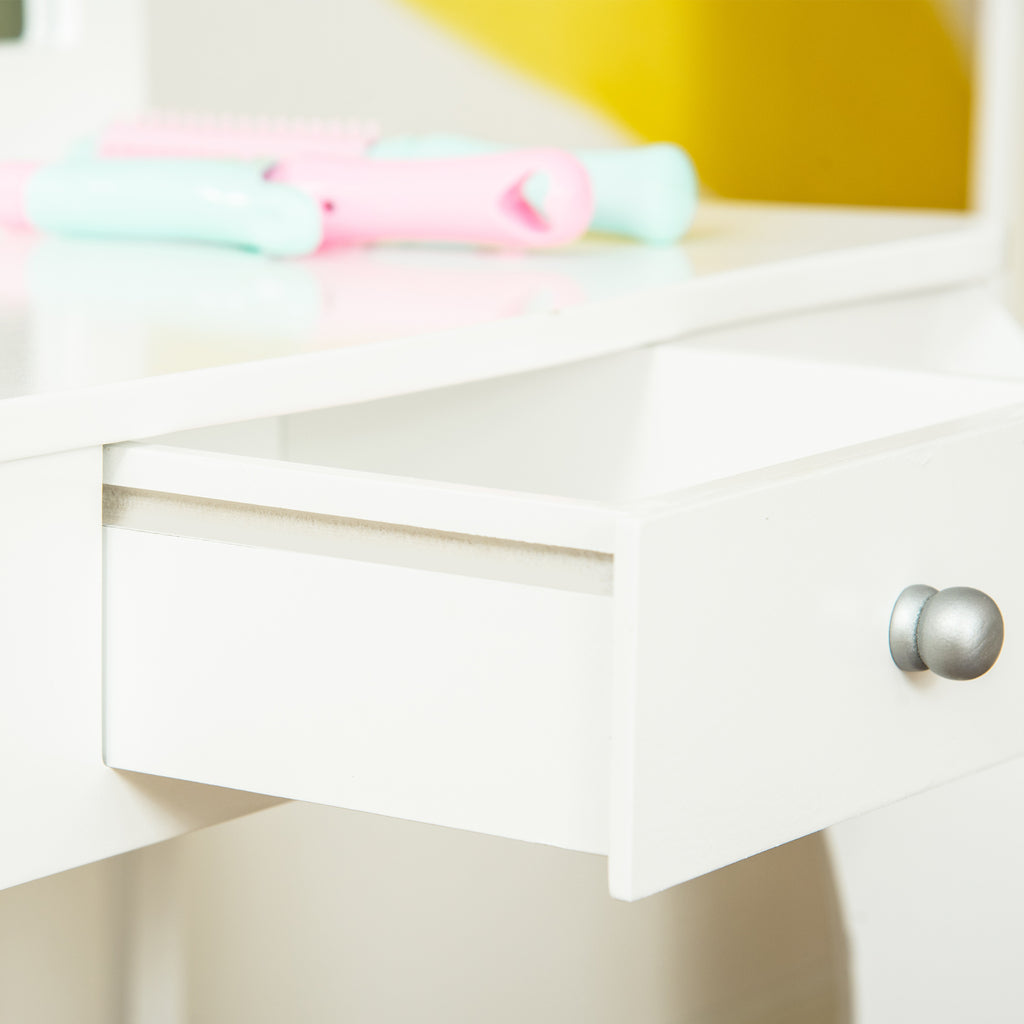 HOMCOM Kinderschminktisch mit Hocker, dreiteiligem Spiegel und ausziehbarer Schublade - Schminktisch Maße 63L x 40B x 85,5H cm - Weiß Acryl