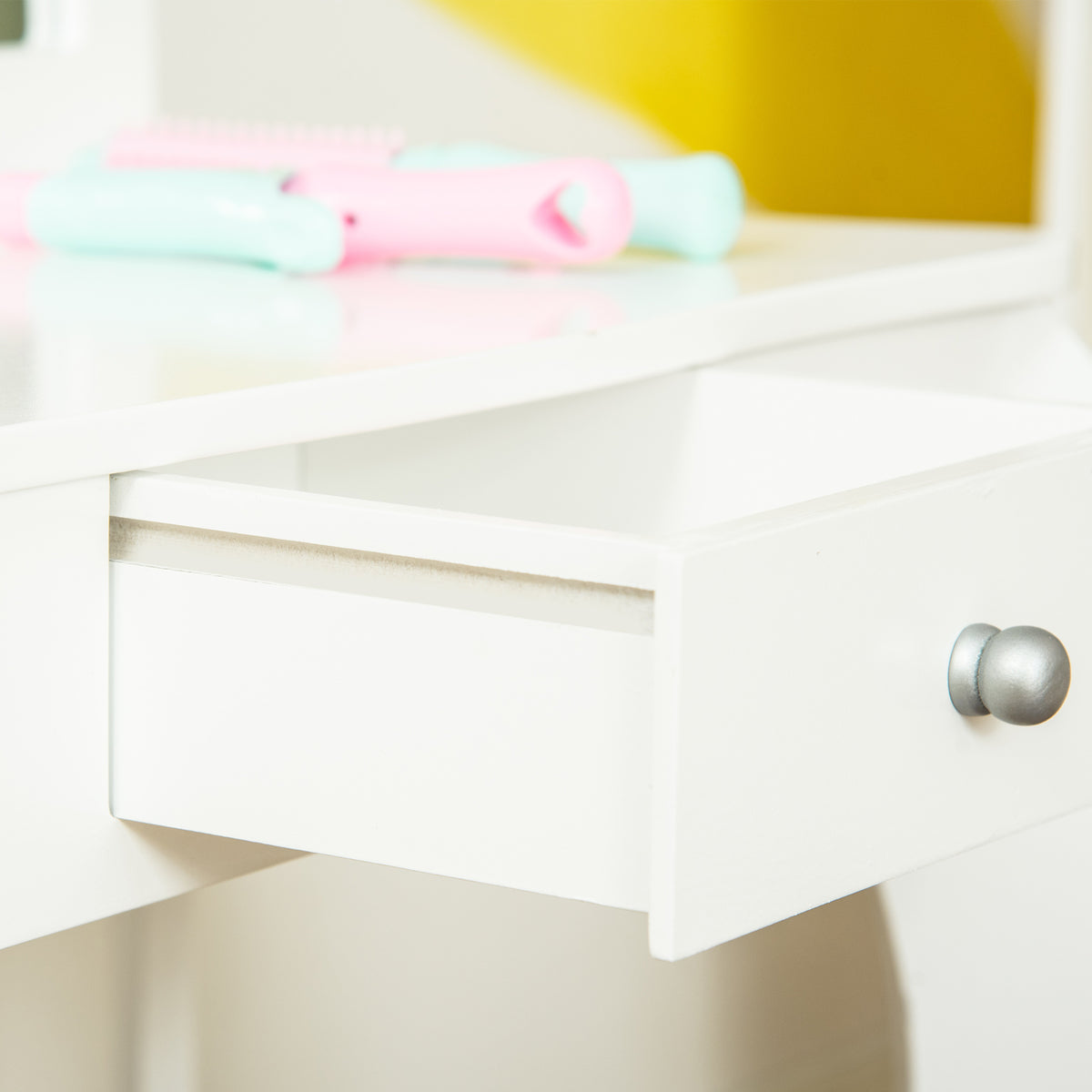 HOMCOM Kinderschminktisch mit Hocker, dreiteiligem Spiegel und ausziehbarer Schublade - Schminktisch Maße 63L x 40B x 85,5H cm - Weiß Acryl
