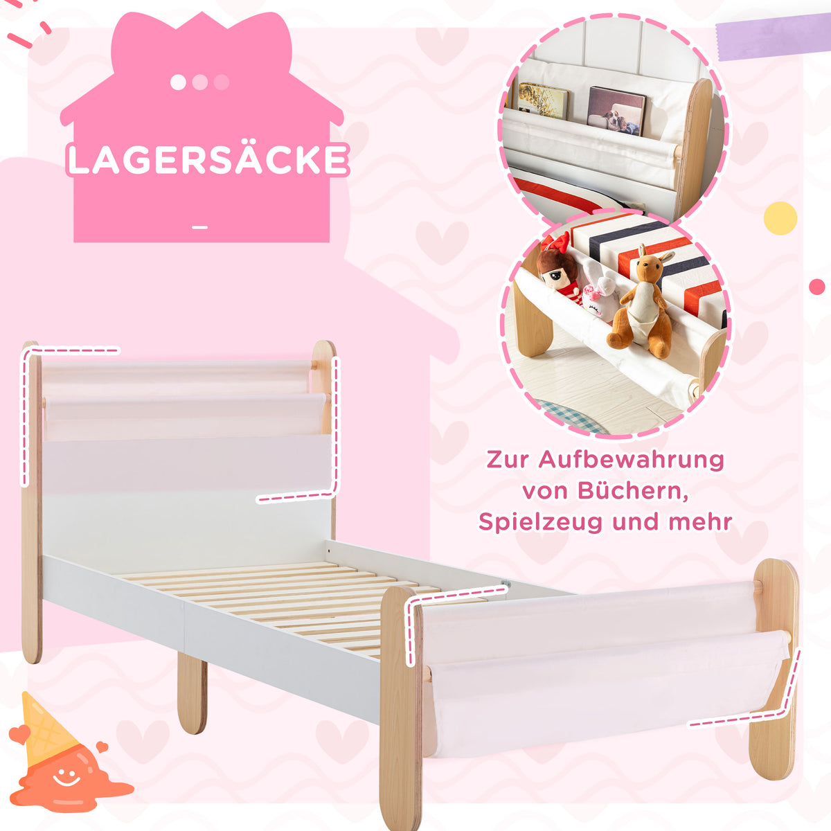 HOMCOM Kinderbett Jugendbett Hausbett mit Betttasche Spielzeugtasche ab 3 Jahre Holzbett Kinderzimmer Spielbett Einzelbett Kiefernholz Weiß+Natur 229 x 98 x 95 cm