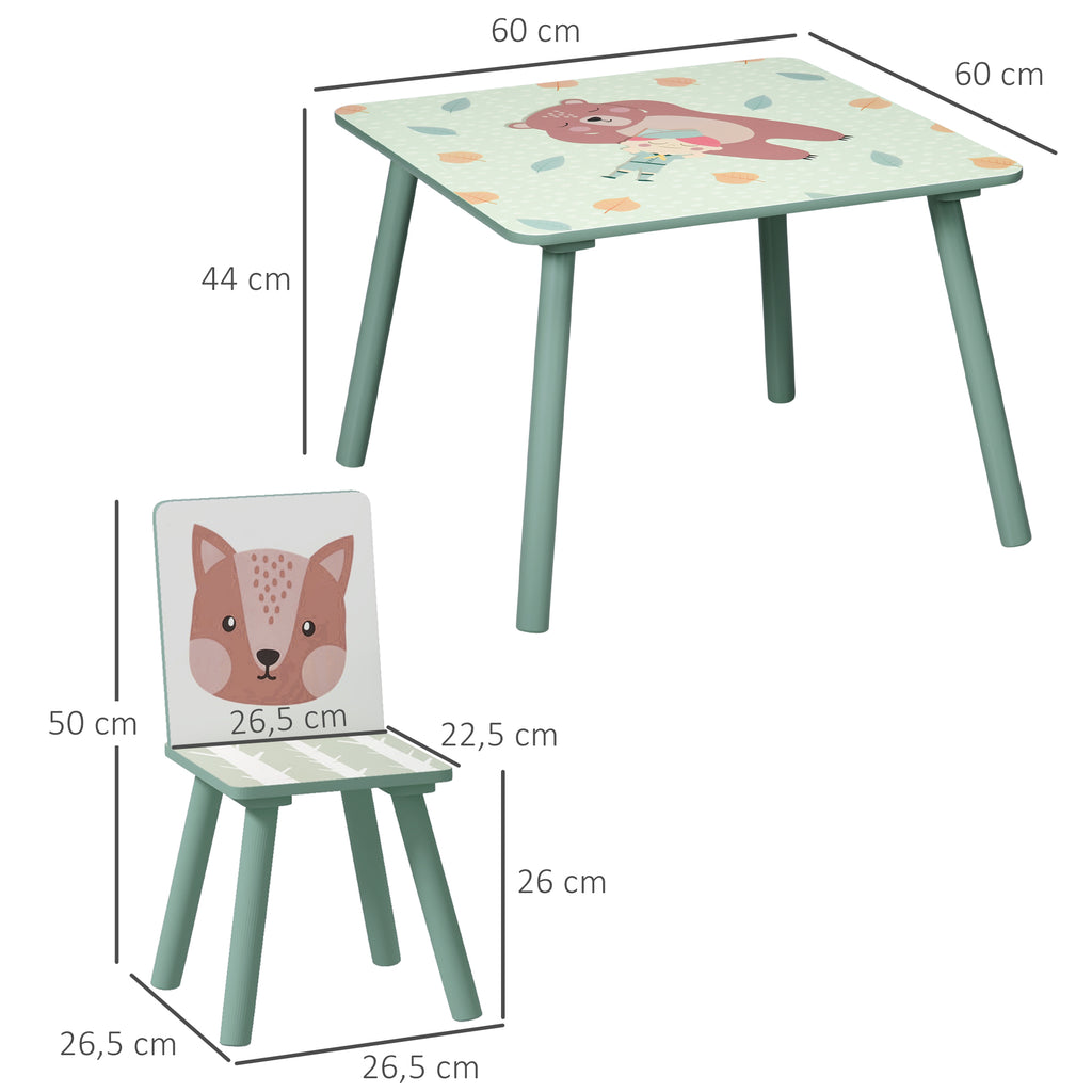 ZONEKIZ Kindertisch und 2 Stühle für Kinder 3-8 Jahre Set 3-teilig Tiermotiv für Schlafzimmer Spielzimmer grün