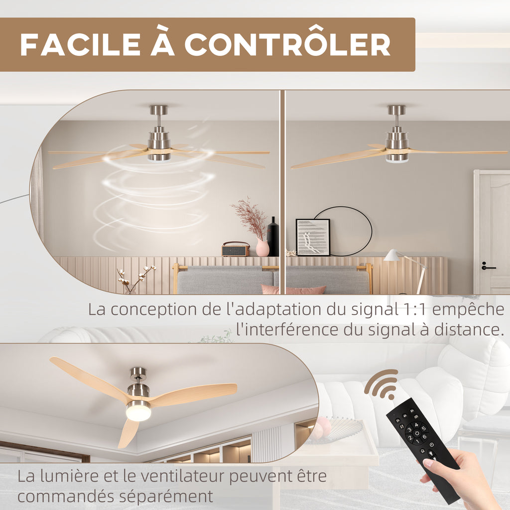 HOMCOM Deckenventilator, umkehrbar, mit LED-Licht, 6 Geschwindigkeiten, leise - Fernbedienung - Durchmesser 132 cm, natur
