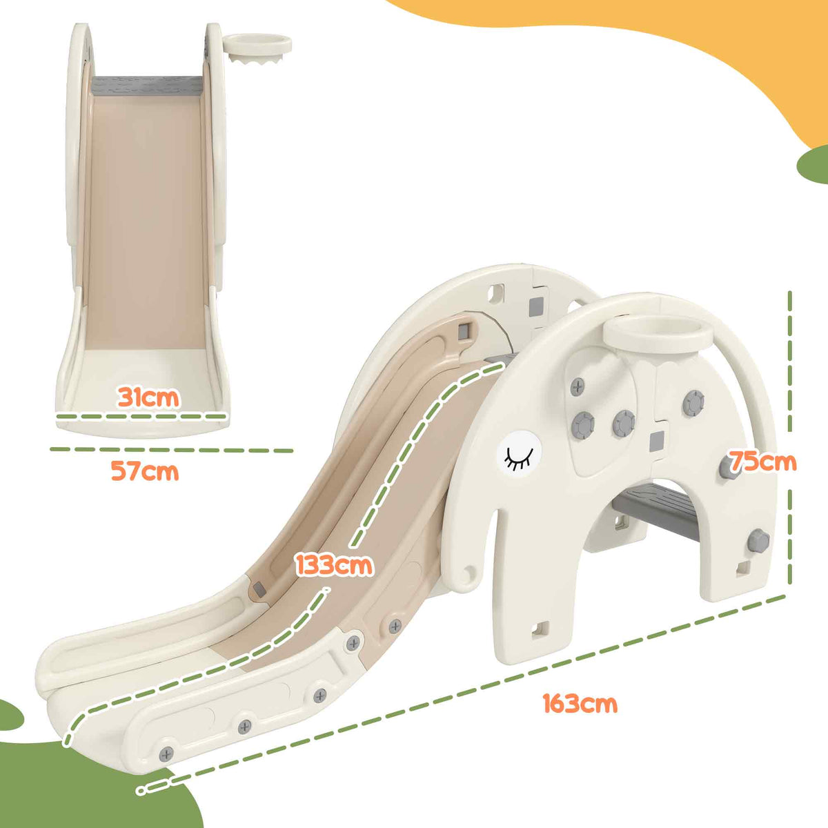 AIYAPLAY Babyrutsche 3-in-1, Klettergerüst, Basketballkorb, rutschfeste Stufen, Handläufe, Cremeweiß