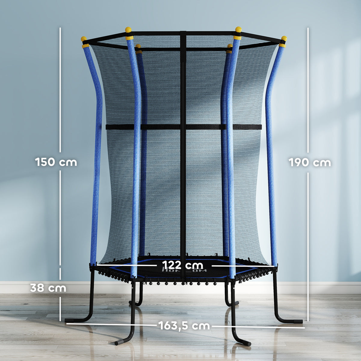 HOMCOM Trampolin für Kinder, Ø163,5 cm, mit Sicherheitsnetz, gepolstert, Stahl, belastbar bis 50 kg, Schwarz & Blau
