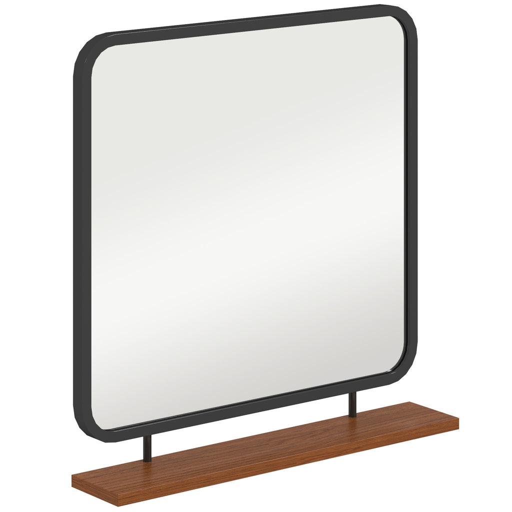 HOMCOM Wandspiegel mit Ablage, Vintage-Design, Metallrahmen, Paulownia-Holz, 55 x 55,5 cm, Schwarz/Holz