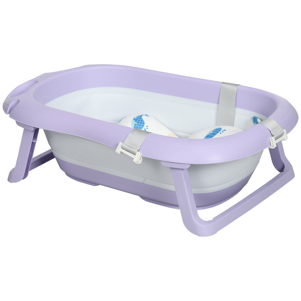 ZONEKIZ Faltbare Babybadewanne für Kinder von 0-6 Jahren mit Kissen und 2 Regalen, 83x48x23,5 cm, Lila und Weiß