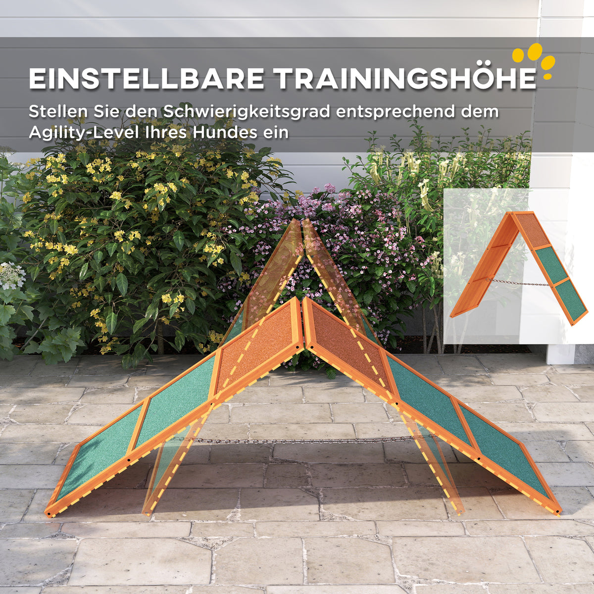 PawHut Agility Hunderampe, klappbar, verstellbare Höhe, rutschfest, Tannenholz, bis 40 kg, 173 x 59 x 66 cm, Orange/Grün