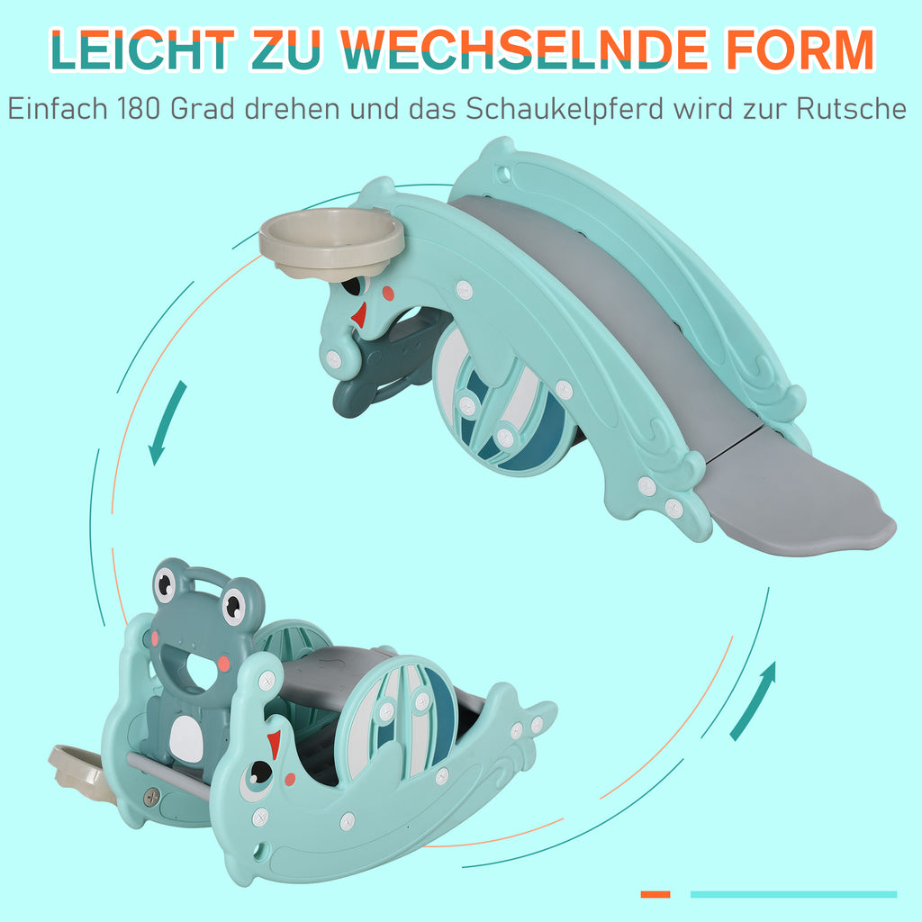 HOMCOM 3-in-1 Kinder Schaukelpferd Kinderrutsche Schaukeltier mit Basketballkorb für 3-5 Jahre HDPE Grün 72 x 34 x47 cm
