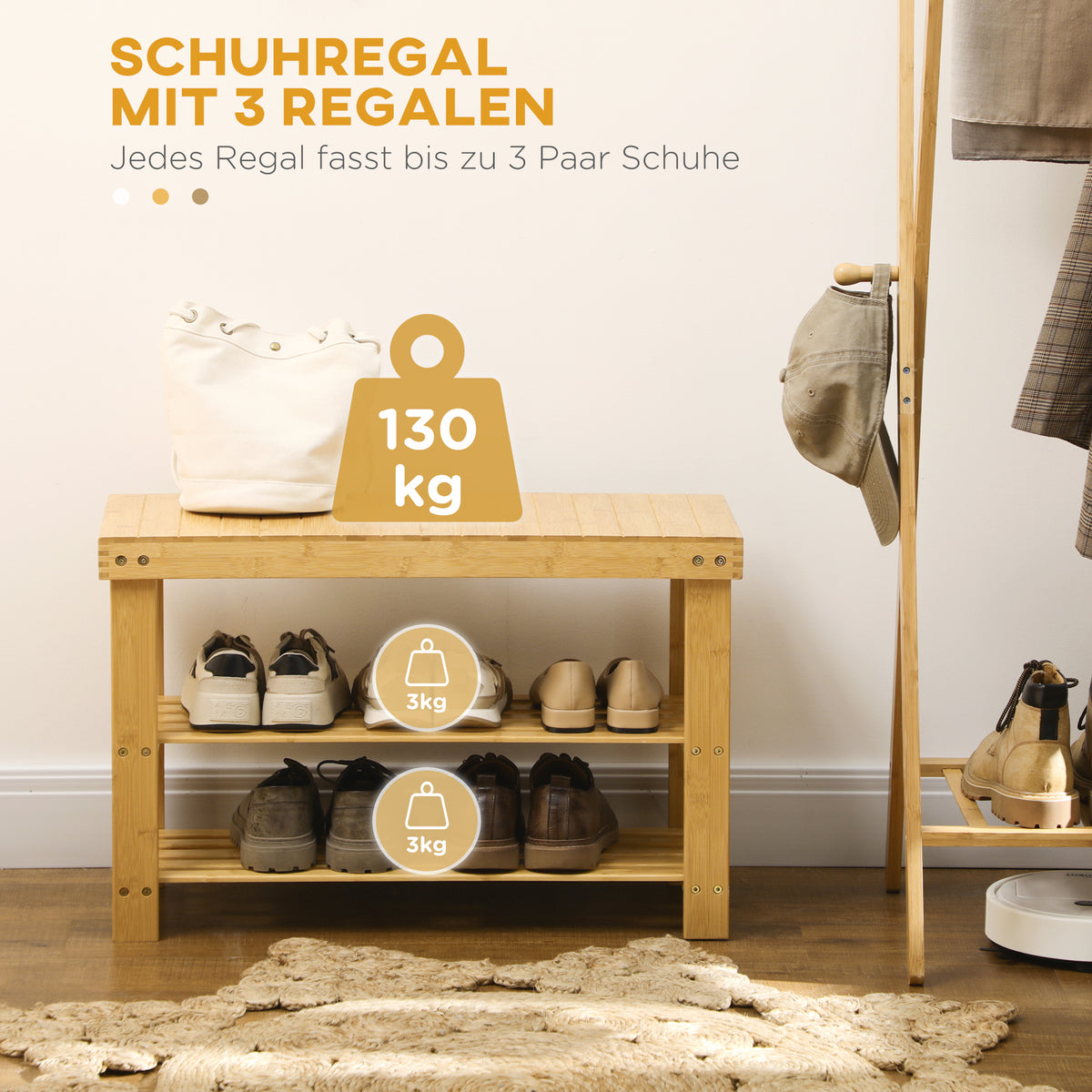 HOMCOM Schuhbank, 3 Etagen, Platz für 6-9 Paar Schuhe, bis 130 kg, Bambus, 70 x 28 x 45cm
