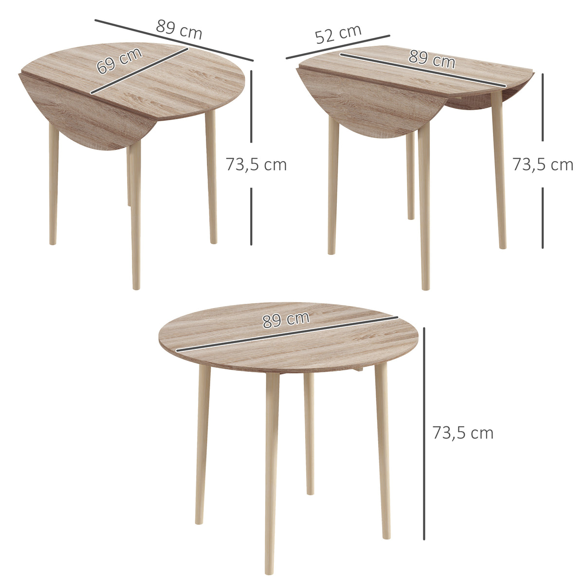 HOMCOM Klappbarer Esstisch 2 Klappen - runder Tisch ausziehbar - wenig Platzbedarf mit Holzbeinen Ø89 x 73,5H cm