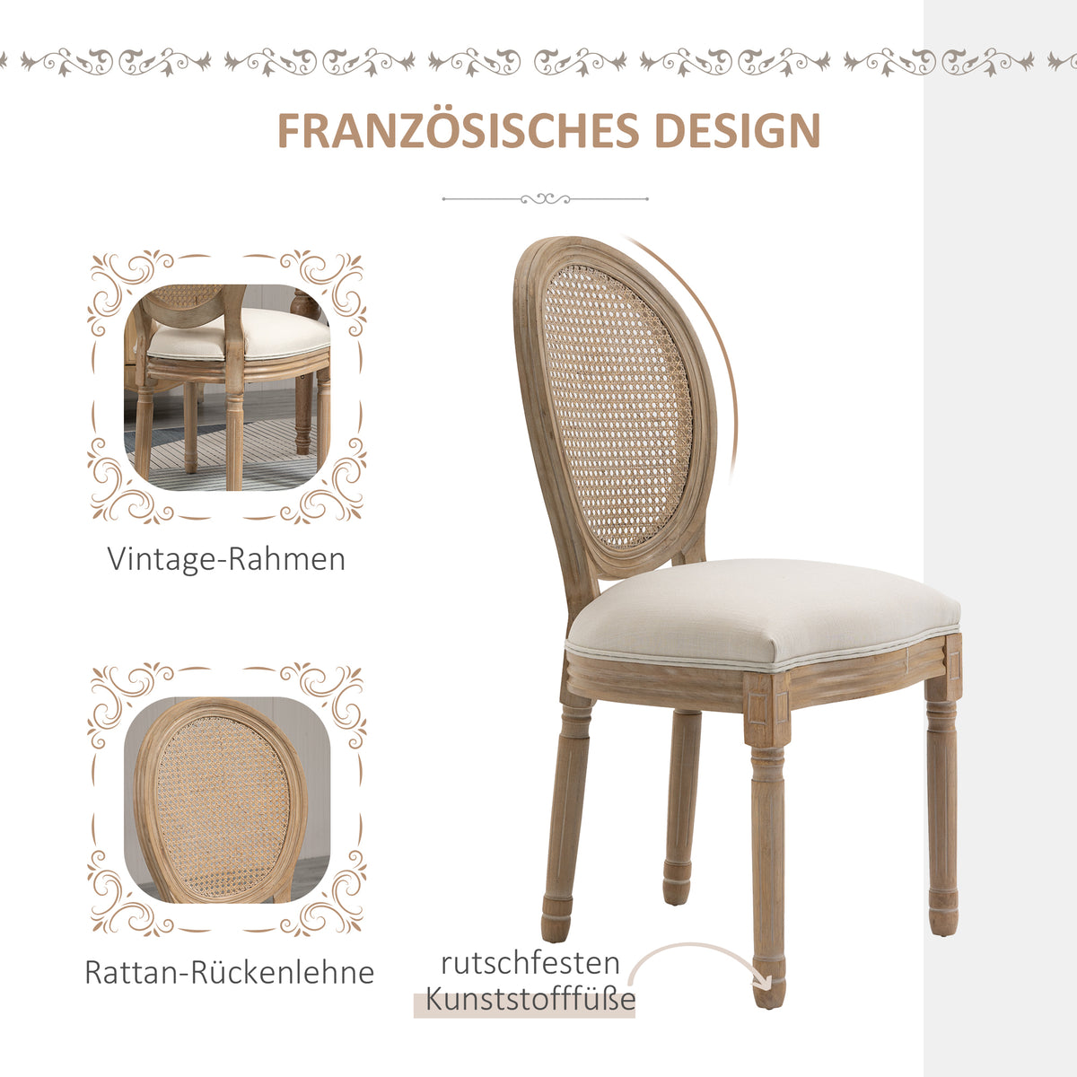HOMCOM 2er-Set Küchenstühle Polsterstühle Wienergeflecht, Massivholz, 49 cm x 56 cm x 96 cm, Cremeweiß +Natur