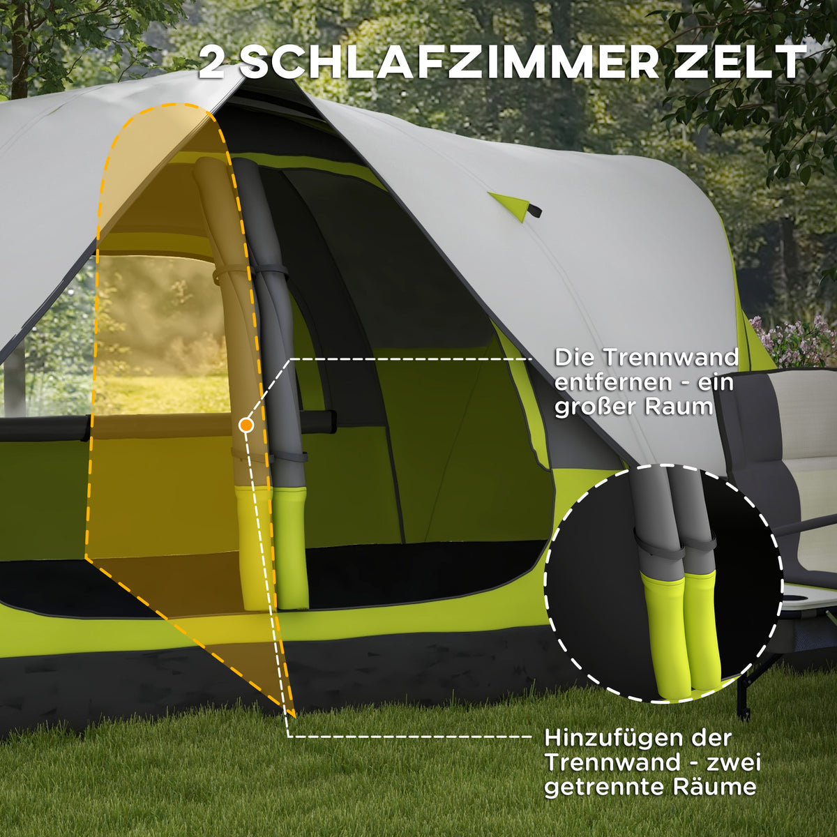 Outsunny Campingzelt, 2 Räume, Trennwand, für 6-8 Personen, Regenschutz, Dunkelgrün
