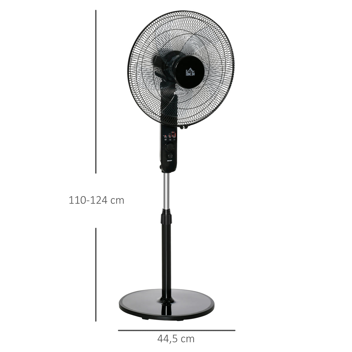 HOMCOM Standventilator mit Fernbedienung, Ventilator, Höhenverstellbarer Lüfter, 3 Geschwindigkeitsstufen, Verstellbarer Neigungswinkel, Metall, Schwarz, Ø44,5 x H110-124 cm
