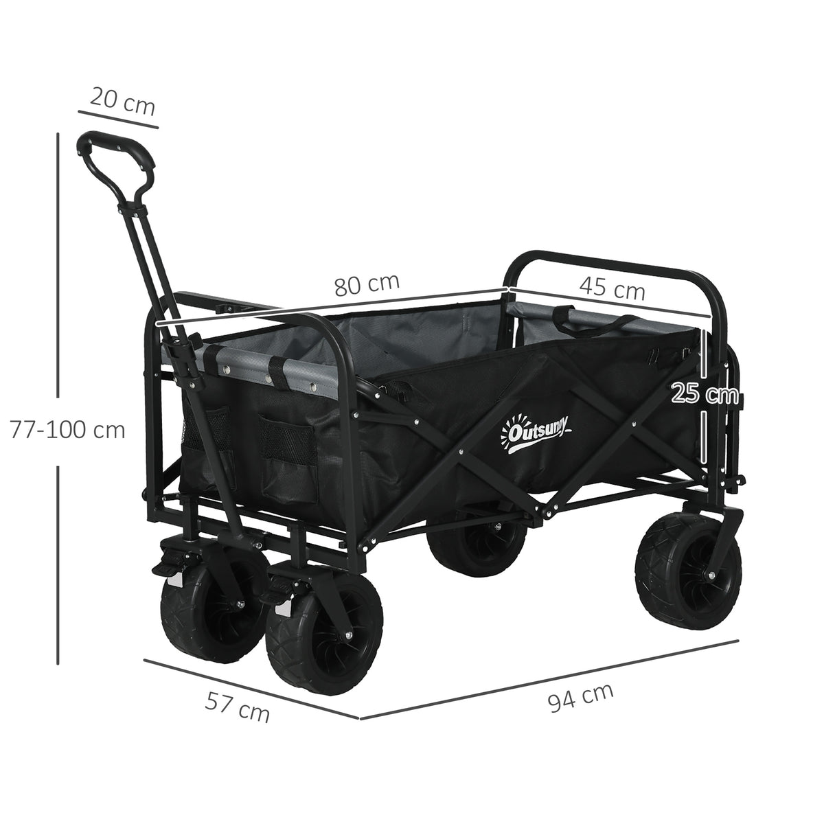 Outsunny Faltbarer Gartenwagen mit 4 Rädern und höhenverstellbarem Teleskopgriff, einstellbarer Neigung, öffnbare Hintertür, Schwarz