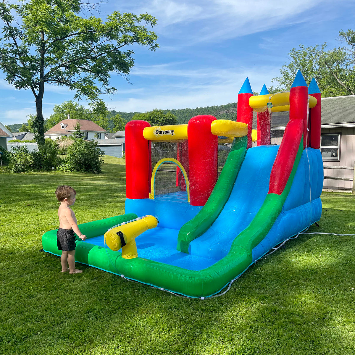 Outsunny Hüpfburg mit Gebläse Rutsche Wasserrutsche aufblasbar für 4 Kinder Wasserhüpfburg Garten XXL Springburg für 3-8 Jahre Kinder Oxford-, Polyester-Gewebe mehrfarbig 330 x 245 x 215 cm
