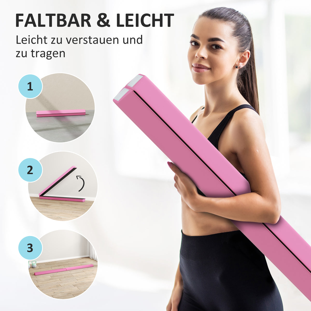 SPORTNOW Schwebebalken 2,4 m, faltbar, rutschfester Boden, für 3+ Jahre, bis 80 kg, Hellrot